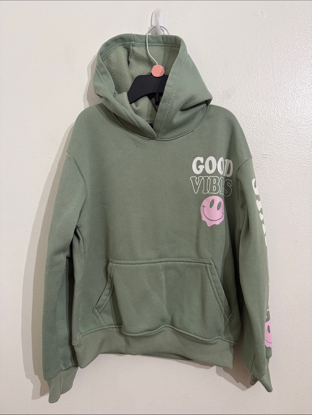 Good Vibes Green Girls Hoodie with Pink Smiley Medium 10/12